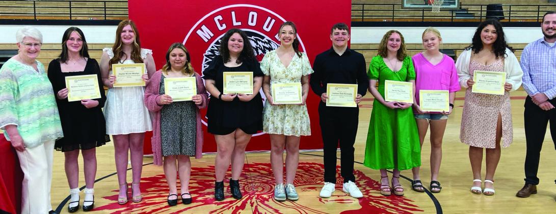 McLoud Scholarship Foundation (MSF) Scholarship winners pictured from left: Annette Brown, MSF Secretary, Madalynn Xzylee Ladybug Taylor, Haylee Nicole Wooten, Ciera Judith Dunn, Jaiden Lynn Williams, Paisley Jo Erskine, Coulson Dale Kennedy, Harlee Rae Marchant, Logan Marie Hough, Stacey Angelina Nash and Austin Carroll, MSF President. Not Pictured - Santos Ivan Lujan. Photo provided by MSF