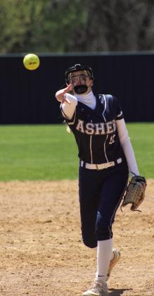 Asher senior Magi Melton puts one over home plate during the RWB Tournament game against Roff at Asher on March 26. The Lady Indians beat Roff, 4-2; Konawa, 19-5; and Wayne, 11-7, all in one day, to win the tournament. Countywide &amp; Sun/Natasha Dunagan