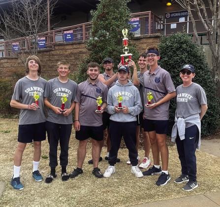 The Shawnee High School Boys Tennis Team took second place at the Western Heights Tournament, March 30. The Wolves also placed individually. They are shown with their Coach Dacia Jordan, far right. Photo provided.