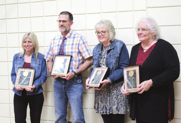 The Lola C. Durham Award was presented to Tammy Masoner, Barnard Elementary; David Axton, Tecumseh Middle School; Gayla Higgins, Tecumseh High School; and Murna Lack, Cross Timbers Elementary, during the Tecumseh Chamber of Commerce Teacher’s Luncheon on April 8 at the Tecumseh City Hall Auditorium. Countywide &amp;amp; Sun/Natasha Dunagan
