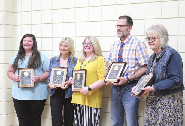 The Tecumseh Public School Site Teachers of the Year for 2021-22 are, from left, Kelli Shatto, Tecumseh Early Childhood Center; Tammy Masoner, Barnard Elementary; Stacy Kipps, Cross Timbers Elementary; David Axton, Tecumseh Middle School; and Gayla Higgins, Tecumseh High School. They were recognized during the Tecumseh Chamber of Commerce Teacher’s Luncheon, held on April 8 at the Tecumseh City Hall Auditorium for the first time in three years. Countywide &amp;amp; Sun/Natasha Dunagan