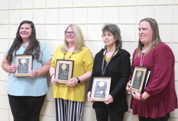 Recipients of the President’s Award pose during the Tecumseh Chamber of Commerce Teacher’s Luncheon on April 8 at the Tecumseh City Hall Auditorium. Shown, from left, are Kelli Shatto, Tecumseh Early Childhood Center; Stacy Kipps, Cross Timbers Elementary; Annette Azlin, Tecumseh Middle School; and Caiti Parsons, Barnard Elementary. Countywide &amp;amp; Sun/Natasha Dunagan
