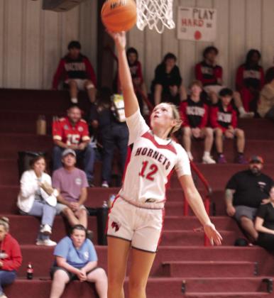 After a steal, Macomb's Addy Beauchamp sinks a bucket during the Nov. 18 home game against Wayne. The Lady Hornets lost 44-49.
