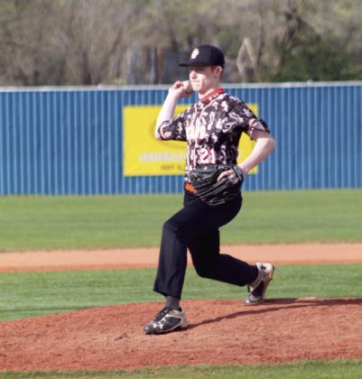 Pictured right, Maud junior Cooper Nance winds up for the pitch in the second inning against Asher.