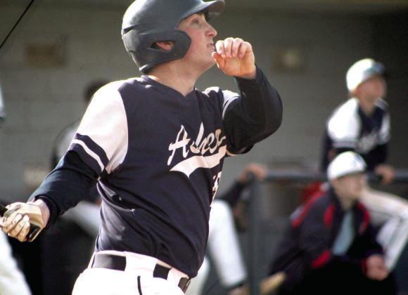 Asher senior Dayton Fowler hits a double in the second inning of one of the home games against Maud on April 6. The Asher Indians played a double header with the Maud Tigers and won both, 21-0 and 10-0, according to the OSSAA website. Countywide &amp;amp; Sun/Natasha Dunagan