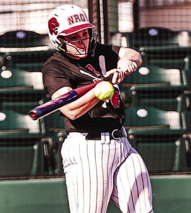 NRC's Morgan Bertram connects with the ball for a single in the season opener against Drummond in the NRC Festival at FireLake Ball Fields. NRC won, 9-1.