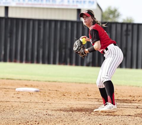 Izzy O'Daniel looks to first base to make the out.