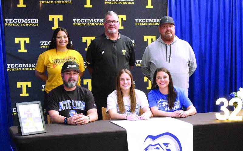 On Feb. 25, Tecumseh senior Cadence Leba announced her intention to continue her softball career with North Central Texas College in Gainesville, TX. Shown, seated are her father Jacob Leba, Leba, her mother Natalie Leba, standing, Assistant Coach Aspen Grimes, Coach Chad Trahan and Coach Perry Wilson. Natasha Dunagan, Countywide &amp;amp; Sun