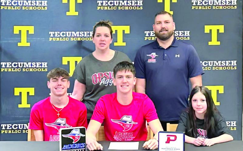 Tecumseh senior Braxton Shelton signed an intent to play football with Oklahoma Panhandle State University on Feb. 4. Shelton is shown with his family ,back row, Jessica Shelton, Kenny Shelton, front row, Clayton Shelton, Braxton Shelton and Aubrey Shelton. Photo provided by Tecumseh Public Schools