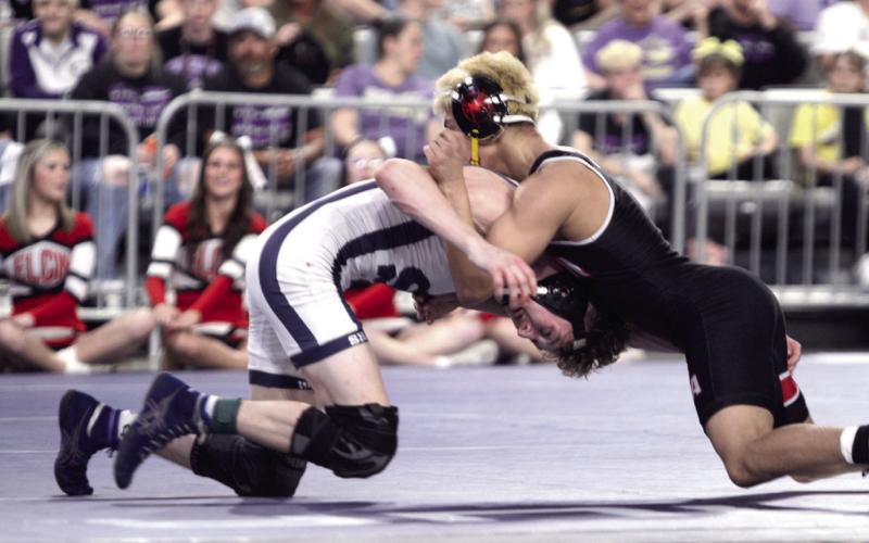 Shawnee's Stetson Tucker battles it out with his Elgin opponent in the OSSAA State Wrestling Finals, held at the OG&amp;amp;E Coliseum at the Oklahoma State Fairgrounds on Feb. 28. Tucker placed second; Claudia Thomason placed third; and Silver Belvin was fourth, in their respective weight classes, according to the Shawnee Wrestling Facebook post. Natasha Dunagan, Countywide &amp;amp; Sun