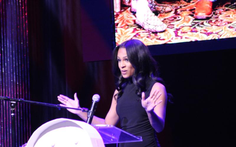 KOCO Channel 5 New Anchor Kylie Walker speaks during the 2025 Shawnee Police Foundation Annual Banquet, held at the Grand Casino Hotel and Resort on Jan. 30.