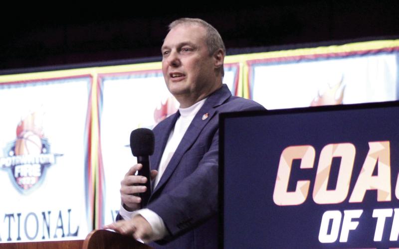 Potawatomi Fire Head Coach Mark Dannhoff speaks about being named the TBL Coach of the Year for the third time, during the Third Annual 2025 TBL Championship Banquet and Ring Ceremony at Fire-Lake Arena on Feb. 19. Natasha Dunagan, Countywide &amp; Sun