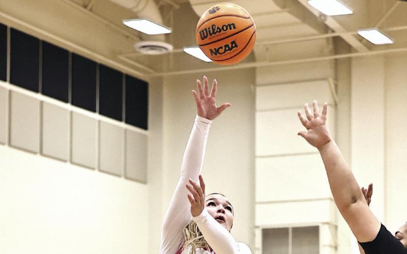 Jaxtyn Ratcliff goes up for two of her 11 pointsin the Feb. 10 game against Mount St. Mary's. NRC won 60-38.
