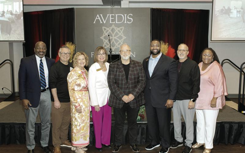 Pictured from left: C.L. Prevost III, Senior Pastor Community Baptist Church; Rev. Matt Wiley, Senior Pastor Shawnee Presbyterian Church; Audrey Seeliger, Avedis Foundation; Dr. Kathy Laster, Avedis Foundation President and CEO; Keynote Speaker, David B. Gadberry, Lead Pastor of Lifeway Church of Kingfisher County; Josh L. Trimble, Avedis Foundation Board member; Travis Hurst, Senior Pastor, Faithco Church; and LaShane Hill, LMFT, Director Kemp MFT Clinic OBU. Photo by Chris Rettman
