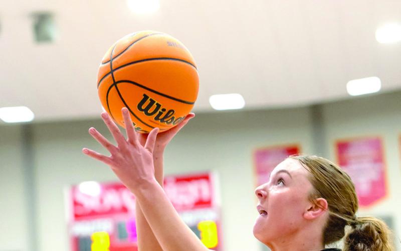 Dale Lady Pirate, Skylar Anderson goes for two in action against Okemah Saturday, Feb. 28. Photo courtesy of Rick Hester, Lincoln County News
