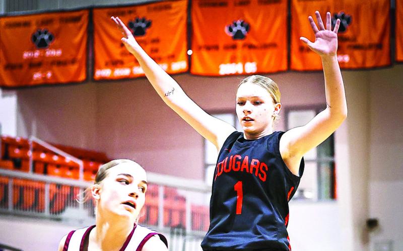 North Rock Creek's Addisen Lawrence puts pressure on the Cleveland ball handler.