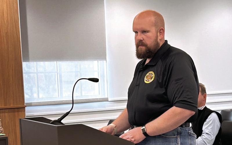 Pottawatomie County Deputy, Captain Jared Strand, presents a vehicle lease proposal to the Commissioners in an effort to maintain a manageable budget, without the spikes when requesting multiple replacement vehicles. No decision was made during the Feb. 24 meeting. Suzie Campbell, Countywide &amp;amp; Sun
