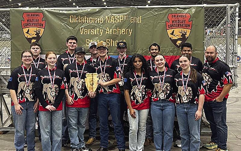 The NRC archery teams competed at Grand State in Tulsa Feb. 25. The Varsity Compound Bow Team (pictured) finished in second place. Competing in Bare Bow, HS finished sixth, Middle School placed 10th and Elementary took 11th. Photo Provided
