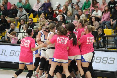 The Bethel Lady Wildcats celebrate after winning a hard-fought game against Jones on Feb. 13, 44-41. It was also the annual Pink Out Night cancer fundraiser in coordination with Jones, and more than $2,205 was raised in memory of Coach Kendra Kilpatrick. Countywide &amp; Sun/Natasha Dunagan