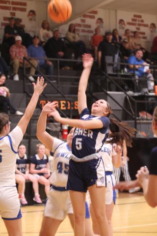Asher junior Vaeh Pierce launches the ball toward the basket and sinks it in the Class B2 Regional Tournament Round One game against Bowlegs, at Maud on Feb. 17. The Lady Indians won that game, 67-24, but lost Round Two against McCurtain on Feb. 21, 37-52. They advance to the Area Tournament on Feb. 26 (today), 6 pm, at the Mvskoke Dome. Natasha Dunagan, Countywide &amp; Sun