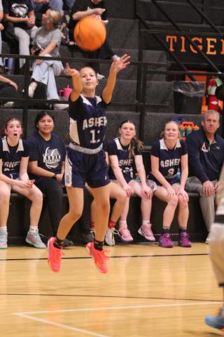 Asher freshman Elsa Tubbesing tries for a trey in the Class B2 Regional Tournament Round One game against Bowlegs, at Maud on Feb. 17. The Lady Indians won that game, 67-24, but lost Round Two against McCurtain on Feb. 21, 37-52. They advance to the Area Tournament on Feb. 26 (today), 6 pm, at the Mvskoke Dome. Natasha Dunagan, Countywide &amp; Sun