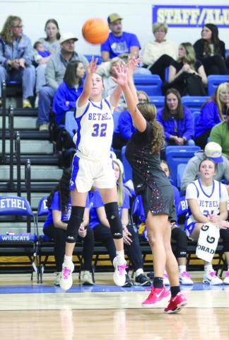 Bethel freshman Trinity Branham puts up a three-pointer in the Class 3A District Tournament home game against Lexington on Feb. 20. The Lady Wildcats advanced to the Regional Tournament on Feb. 24 in Jones. Natasha Dunagan, Countywide &amp; Sun