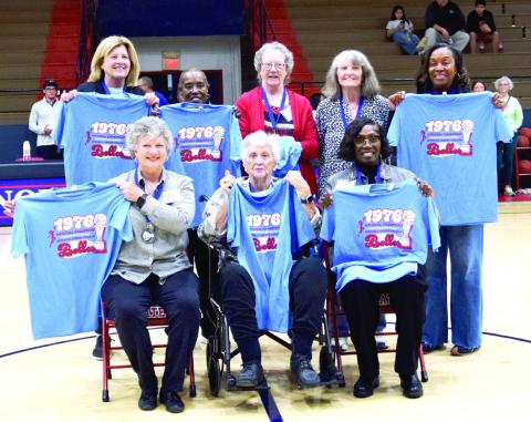 The 1976 Seminole Junior College Belles were honored during halftime of the SSC game on Feb. 16 commemorating their 50th Anniversary National Championship. The coach and seven players from the '76 team were in attendance. Back: Cindy Perkins Stuart, Hettie Davis, Sherri Hudlow, Sherri Salyer Peckham and Dianne Knight Ray. Front: Carole Carter, Coach Dixie Woodall and Belinda Candler Copeland Julie Talton, Countywide &amp;amp; Sun