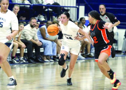 Shawnee senior Daley Rice takes it upcourt during the second quarter of the Feb. 13 Senior Night District home game against Booker T. Washington. The Lady Wolves lost 36-54, and later, the Wolves lost their game 57-85. Natasha Dunagan, Countywide &amp; Sun