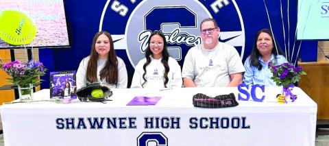 Shawnee High School celebrated senior Jocelyn Hayes as she officially signed on Feb. 11, 2026, to continue her academic and softball career at Southwestern College in Winfield, Kansas. Coach Flores praised Hayes for her leadership, noting that she leads with heart, discipline, and a team-first mindset, on the field, in the dugout, and in the classroom. Pictured: Briana Ponkilla, Mother; Jocelyn Hayes; Charles Hayes, Father; and Glendine Blanchard, Grandmother.