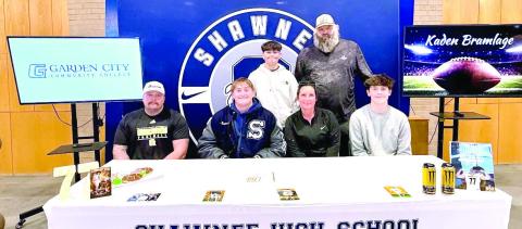 Kaden Bramlage will continue his football carreer at Garden City Community College in Kansas. “Kaden’s drive and toughness set him apart,” said Head Football Coach Madonna. “He consistently embraces the work required to get better, and those qualities will serve him well as he continues his career at the collegiate level.” Pictured are: Andrew Phillips, Bramlage, Brody Gouker, Brittany Nelmes, Dusty Nelmes, and Brock Gouker.