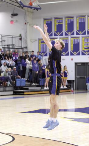 Bethel junior Stonie Holliday sinks a trey in their second Class 3A District Tournament home game, against Community Christian School, on Feb. 20. The Wildcats won their first game, against Lexington, 57-48, but lost this game, 37-58. They advance to the Regional Tournament in Jones today (Feb. 26).