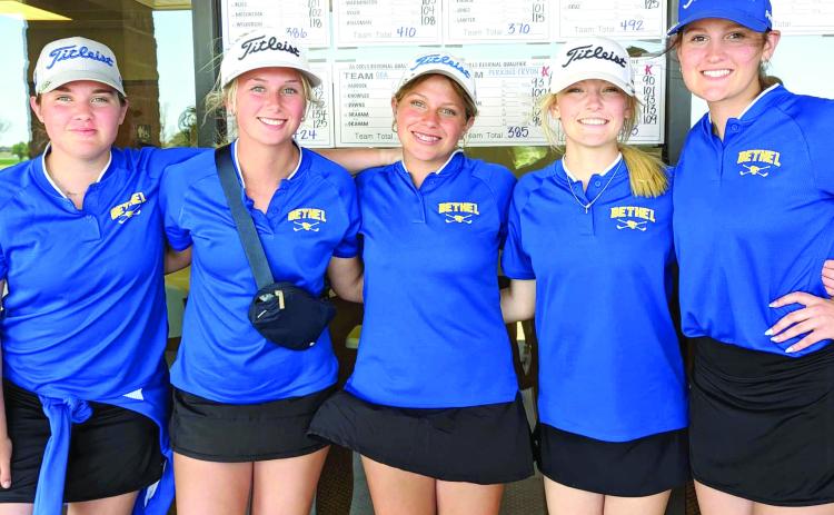 Bethel Lady Wildcats Golf Team finished fourth at Kingfisher Tuesday, Apr. 18 to qualify for Regionals. Kloee Nichols shot an 87 for an individual fourth place finish. The team will tee off Tuesday, Apr. 25 in Purcell at the 3A Regional tournament. Picture from left are Faith Wilderson, Kloee Nichols, Larron Morris, Presley Mcklintok, and Sara Bliss. Photo provided
