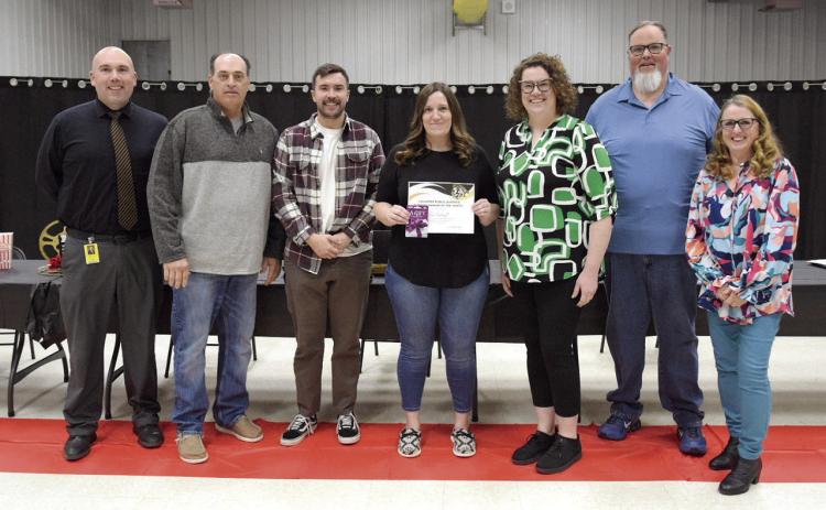 From left: Robert Kinsey (Superintendent), Todd Kennedy (Board President), Dylan Hays (Board Member), Erin Ashcraft (Support Person for February), Alisha Jonker (Cross Timber’s Principal), Tim Underwood and Iva Bingham (board members). Countywide & Sun/Julie Talton