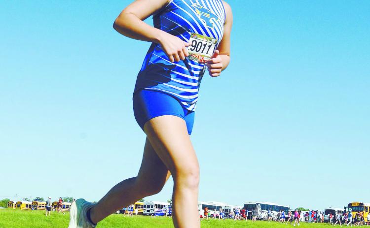 Bethel freshman Emma Cox runs in the Stroud Cross Country Meet on Aug. 16. She got a time of 7:52.9. Photo courtesy of Brian Blansett