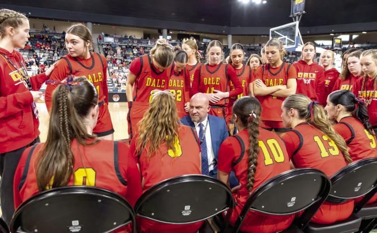 Coach Eric Smith encourages the Lady Pirates during a timeout. Dale lost in the quarterfinals game against Vanoss, 39-44. Photo courtesy of Rick Hester, Lincoln County News