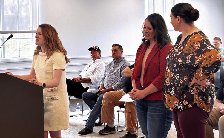 Assistant District Attorney Lori McConnell (left), Child Advocacy Center of Central OK Director Kaycee Campbell, and Forensic Interviewer Vanessa Guinn address the County Commissioners about the need for additional space due to the new Hearsay Law. Countywide &amp; Sun/ Suzie Campbell