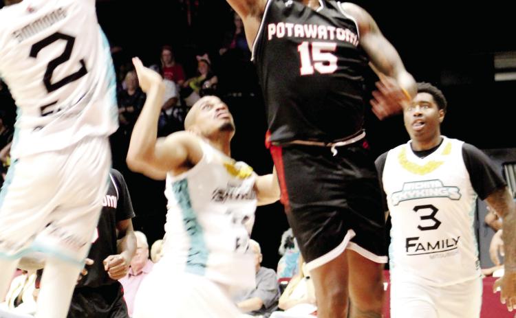 Potawatomi Fire Forward/Center T.J. Maston tries for a basket in the third quarter of the home game with the Wichita Sky Kings on May 25. Maston had 13 points for the game, and the Citizen Potawatomi Nation-owned TBL team won, 118-105. Then, in their last regular-season home game on May 27, they won against the Little Rock Lightning, 133-105. The Fire will play in the first-round Central Area playoffs today (June 1) at FireLake Arena and again on Saturday, if needed, according to www.potawatomifire.com.