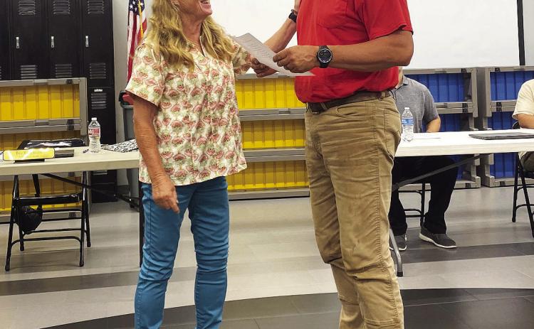 Tecumseh School Board President, Iva Bingham welcomes new board member, Shane Brown to seat #5. Brown replaces Todd Kennedy, who resigned in May. Countywide &amp; Sun/Julie Talton