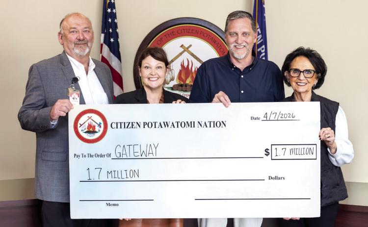 Pictured from left, CPN Health Services Director Chris Skillings, Gateway Board of Directors President Kara Robinson, Gateway CEO Jon Greenwood, and CPN Vice-Chairman Linda Capps hold a donation from CPN to Gateway to Prevention and Recovery. Phoro provided by CPN