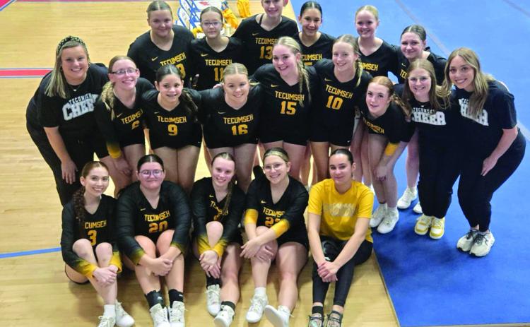 The first Tecumseh High School Stunt Team competed at Chandler High School Mar. 25. Pictured front row from left:sitting: Mayci Chupco, Ashtyn Kidney, Gabby Hill, Meghan Elizabeth, Camryn Wood; middle row: Coach Katie, Brooklyn Bertram, Kayli Chupco, Chelby Davis, Maddie Giaudrone, Addison Taron, Kimberly Holland, Coach Jacee Miller, Coach Hannah Hoffman; back Row: Karley Bills, Amelia Wheeler, Kenzie Benge, Madison Gifford, Leigha Jones, JimmyPaige Webb. Photo provided