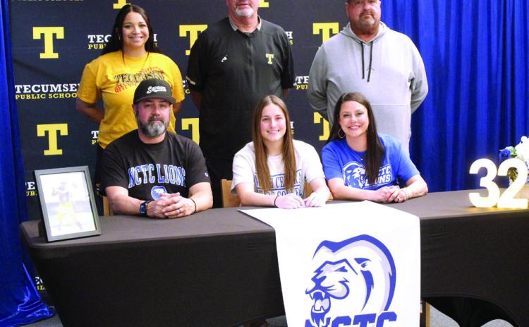 On Feb. 25, Tecumseh senior Cadence Leba announced her intention to continue her softball career with North Central Texas College in Gainesville, TX. Shown, seated are her father Jacob Leba, Leba, her mother Natalie Leba, standing, Assistant Coach Aspen Grimes, Coach Chad Trahan and Coach Perry Wilson. Natasha Dunagan, Countywide &amp; Sun