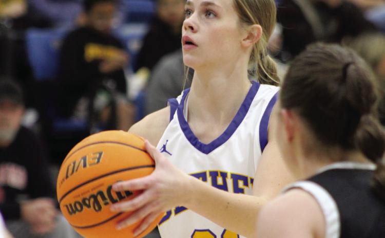 Bethel junior Josie Megehee shoots from the free throw line during the Dec. 9, 2023 First United Basketball Classic. Megehee reached 1,500 career points recently. File photo.