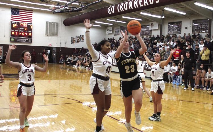Tecumseh's Peyton Bays aims for the hoop during the Class 4A Districts at Eufaula on Feb. 21. The Lady Savages lost, 29-43, but will advance to the consolation bracket in Regionals today (Feb. 27), beginning at 1 pm at Bethany. Photo courtesy of Rodney Haltom/Eufaula Indian Journal
