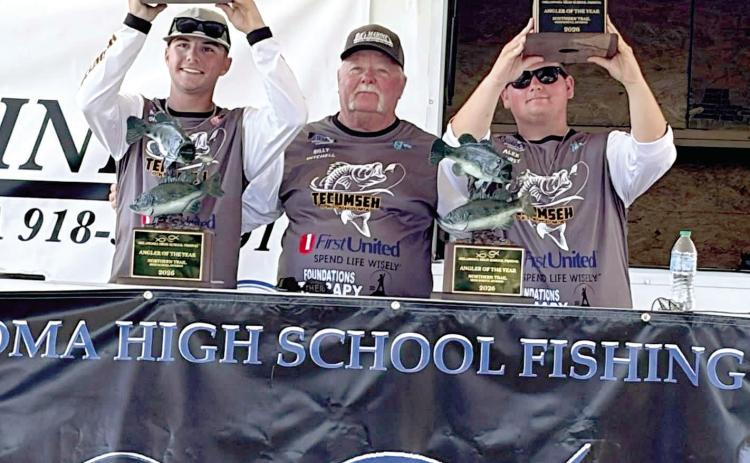 The Tecumseh High School Fishing Team of 2026 graduate Maddox Dickson, far left, junior Alex Hurst, far right, and boat captain Billy Mitchell won Angler of the Year for both the Northern and Southern divisions during the Oklahoma High School Fishing Tournament at Lake Eufaula, May 30-31. Photo courtesy of Jackie Hurst.
