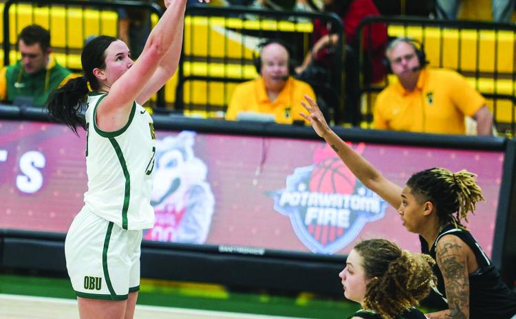 OBU Freshman, Jaedyn Getman, lifts a shot toward the goal in action against Arkansas-Monticello on Saturday at the Noble Complex. Getman scored 22 points to lead the Lady Bison to a 67-58 win. Photo provided