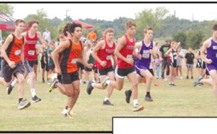 Earlsboro athletes Spencer Kersey, Chance Winsett and Brayden Rawls take off from the starting line with six other schools’ runners in the Small School Boys 5K Run of the North Rock Creek Cross Country Meet on Sept. 16. A sophomore, Rawls took third out of 29 boys, with a time of 20:07.84.