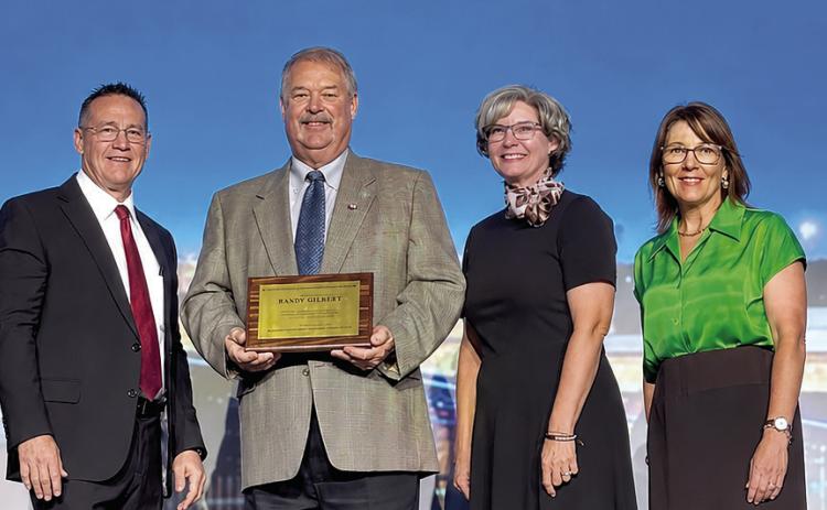 Randy Gilbert has been named a 2026 recipient of the Barbara Lynch Community Partner Award during the Aug. 15, 2026, Oklahoma State School Board Association/Cooperative Council for Oklahoma School Administration (OSSBA/CCOSA) Education Leadership Conference. Pictured, from left, are Dr. Shawn Hime, executive director of OSSBA, Gilbert, Julie McCormick, Superintendent of GCTC, and Melissa Abdo, president of the OSSBA. Photo provided