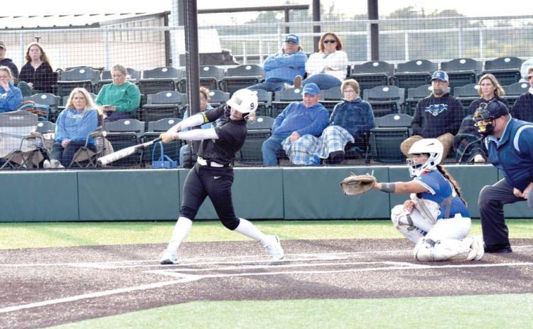 During the fall scrimmage against Eastern Oklahoma State, North Rock Creek Alumna Haley Hacker now playing for OBU, sends a hit to left field. Julie Talton, Countywide &amp; Sun