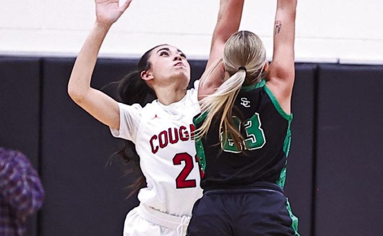 Hailey Anglin goes up to block the Seminole shooter in the District Championship game on Feb. 21.