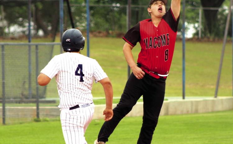 Macomb senior Christian Flowers jumps for the catch and the out at third base, as Asher sophomore Erick Cole runs back to touch base, during the first inning of the Class B District Baseball Tournament at Asher on April 22. Photos by Natasha Dunagan, Countywide & Sun